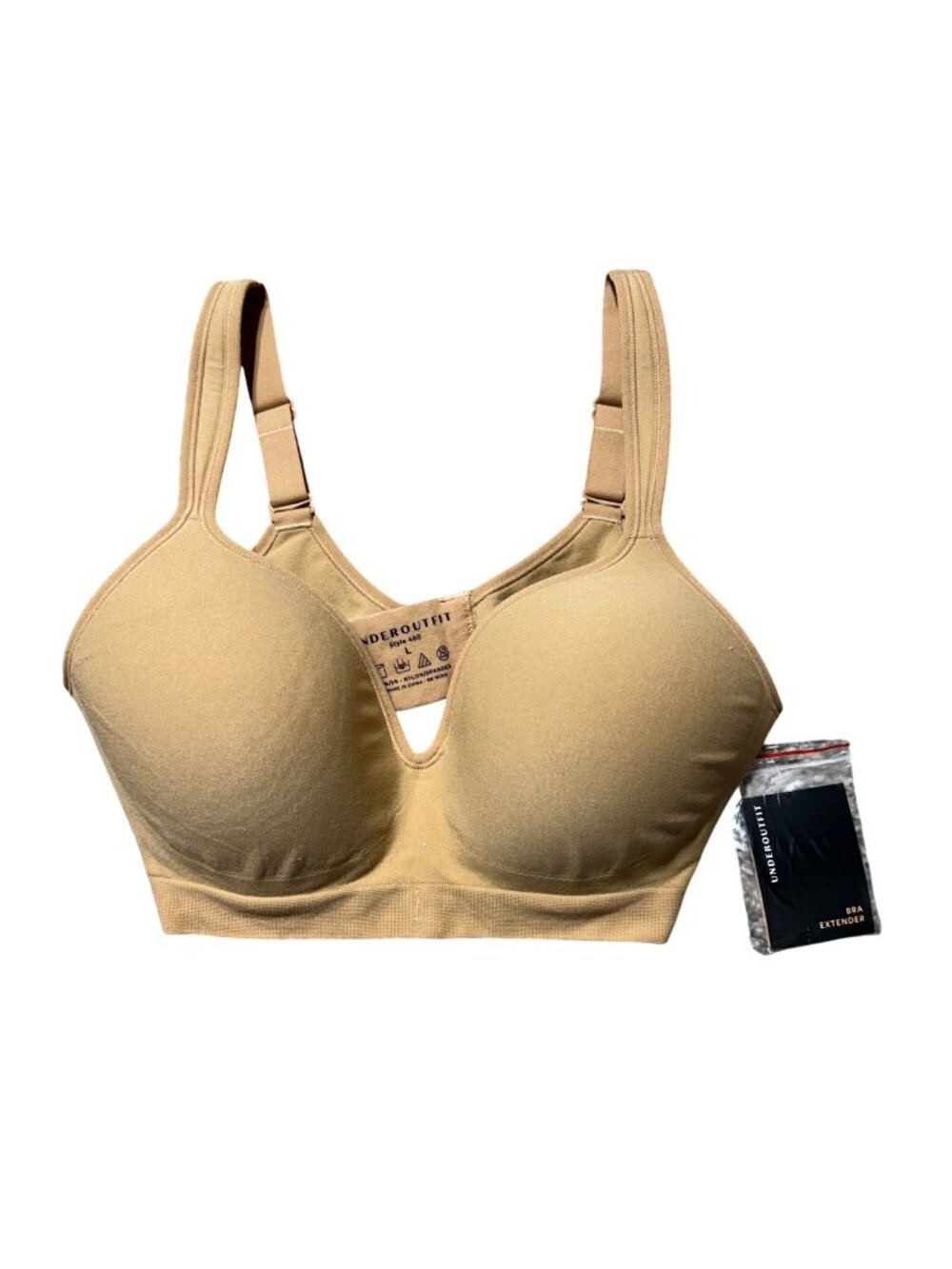 Underoutfit Women's Sz Large Tan Padded Wireless Bra With Extender Style